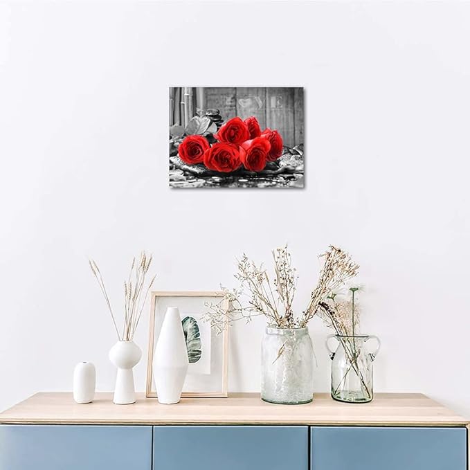 YMYXMC33 Red Rose Flower Picture Decor Wall Art Canvas Print Black and White Poster Country Love Decoration Bedroom Bathroom12x15