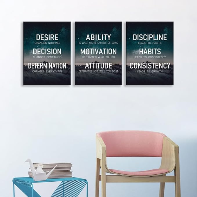 Inspirational Wall Art “The Elements of Success:Discipline-Habits-Consistency-Attitude -Determination” Positive Quotes Set of 3 Motivational Posters for Home Gym Bedroom Living Room [36''Wx 16''H]