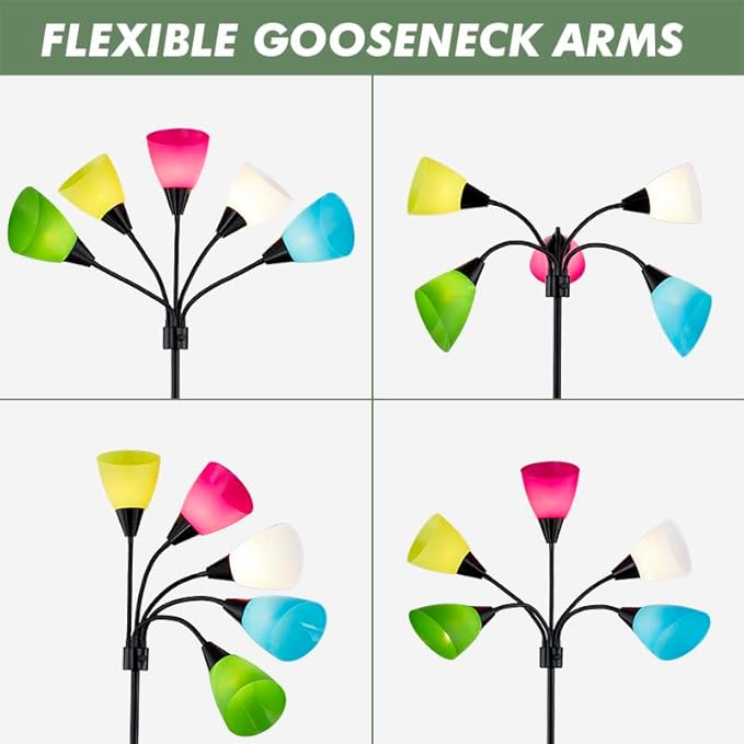 Medusa Modern Decor Floor Lamp, 5 Head Adjustable Gooseneck Lamps for Reading, Colorful Multiple Tall Standing Lamps for Living Room Bedroom Office Kids Classroom, Black, Bulbs Included