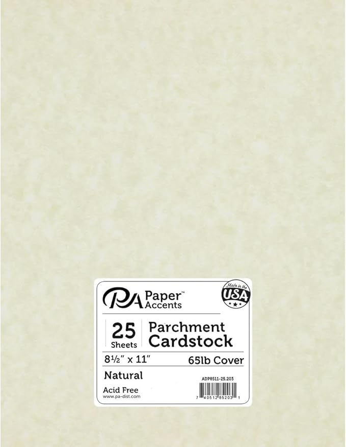 PA Paper Accents Parchment Cardstock 8.5" x 11" Natural, 65lb Colored cardstock Paper for Card Making, Scrapbooking, Printing, Quilling and Crafts, 25 piece Pack