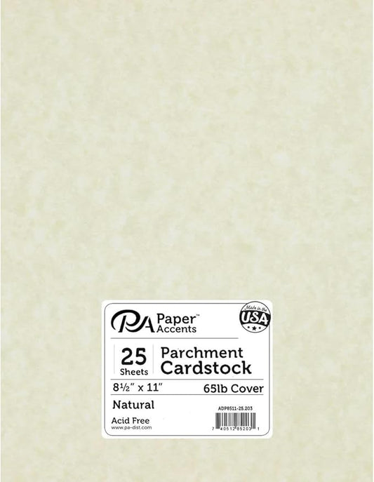 PA Paper Accents Parchment Cardstock 8.5" x 11" Natural, 65lb Colored cardstock Paper for Card Making, Scrapbooking, Printing, Quilling and Crafts, 25 piece Pack