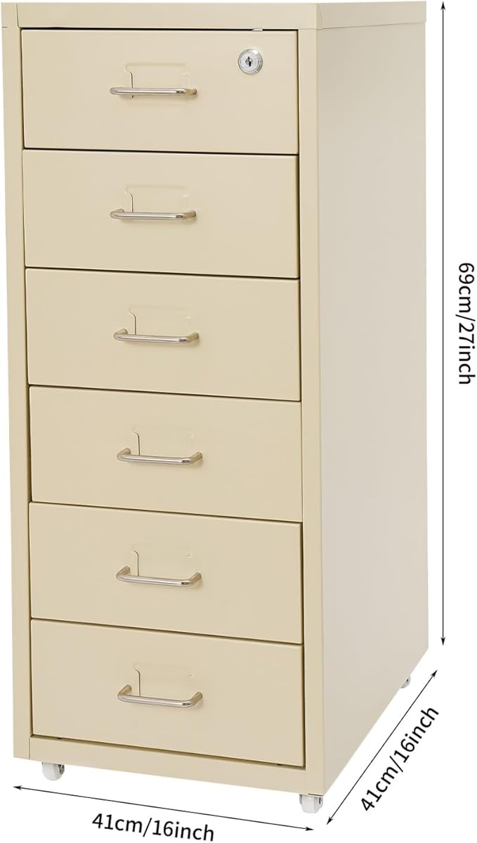 Vertical File Cabinets | 6 Drawer File Cabinet with Lock | Steel Lockable Storage Cabinets | Metal S-torage Cabinet for Home Office | storage A4/F4/Letter/Legal | With 4 Wheels | 2X Keys (Beige)