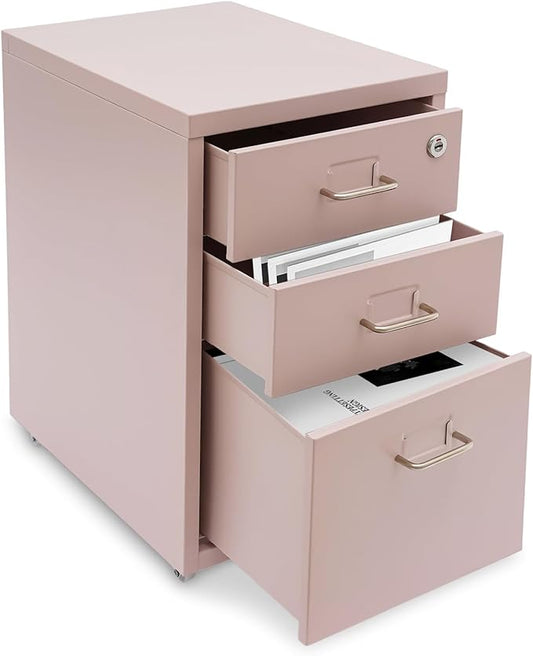 3 Drawer File Cabinet, Lockable Small Filing Cabinet for Home Office, with Wheels, Fits A4 / Letter Size, Steel Office File Cabinets (Pink)