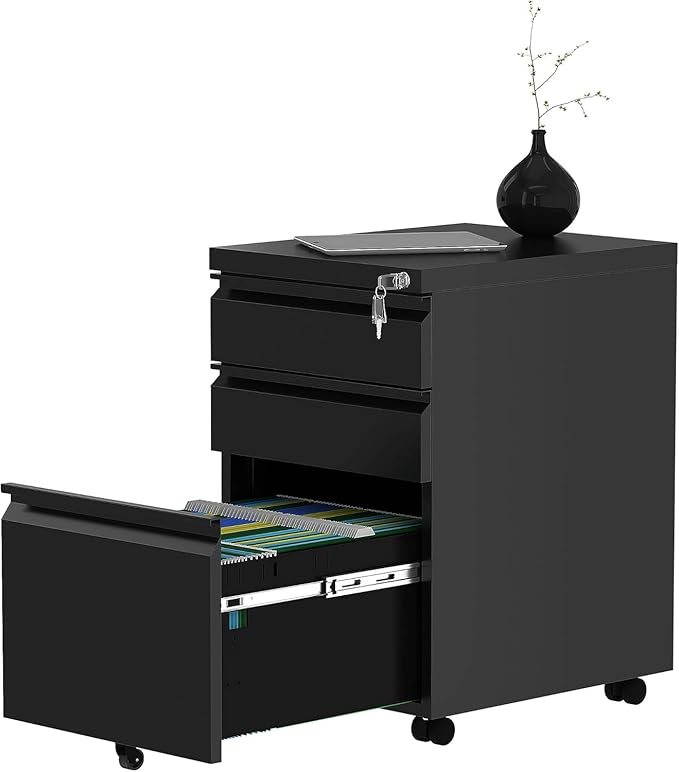 YITAHOME 3-Drawer Rolling Filing Cabinet Office Drawers, Lockable Office Storage Cabinet with Hanging Bars and Pencil Tray, Pre-Assembled Metal File Cabinet Under Desk (Black)