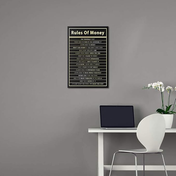 Rules Of Money Motivational Wall Art Canvas Print Office Decor Financial Poster Entrepreneur Millionaire Inspirational Quote Framed Easy to Hang-12 inch x 16 inch