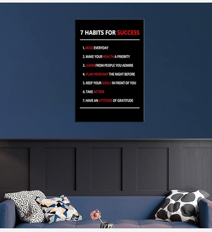 WYJZDZQ8 7 Habits For Success Inspirational Canvas Wall Art Motivational Poster Painting Prints Pictures Inspiring Office Decor Artwork Living Room Gym Decoration Framed Ready to Hang [24''W X 36''H]