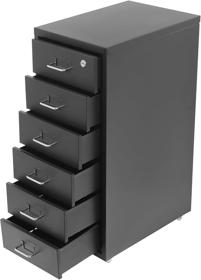 6 Drawer Vertical File Cabinet with Lock, Metal Movable Office Storage Cabinet, Under-Desk File Cabinet with Wheels, for Home Office Use (Black)
