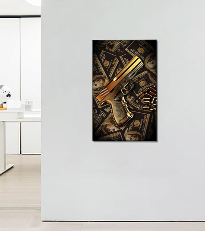 100 Bill Dollar Money Canvas Wall Art Inspirational Poster Golden Gun Picture Print Motivational Money Wall Decor for Office Home 28x44in