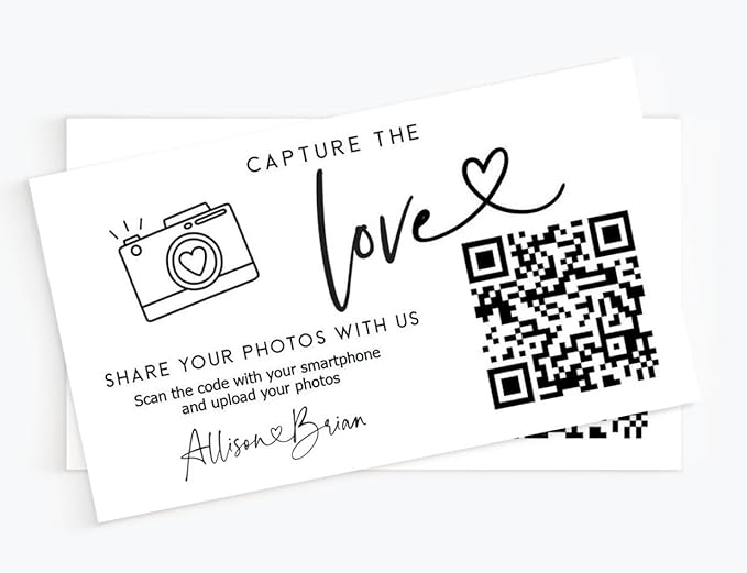 Wedding Capture The Love QR Code Card – Personalized Photo Card for Guests, Share Photos Online, Couple's Website & Social Media, Modern Minimalist Printed Cards