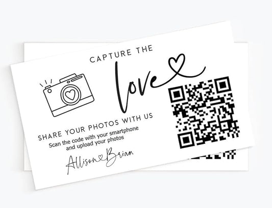 Wedding Capture The Love QR Code Card – Personalized Photo Card for Guests, Share Photos Online, Couple's Website & Social Media, Modern Minimalist Printed Cards