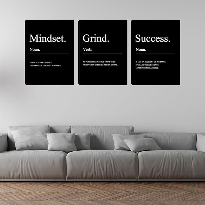 Motivational Canvas Wall Art 3 Pieces Entrepreneur Mindset Quotes Posters Room Decor for Men for Office Inspirational Success Black Canvas Prints Wall Art Home Framed Decor (48" Wx24 H)
