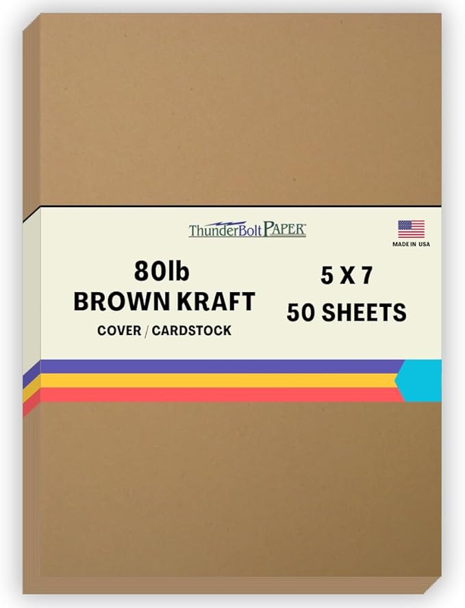 50 Brown Kraft Fiber 80# Cover Paper Sheets - 5" X 7" (5X7 Inches) Photo|Card|Frame Size - Rich Earthy Color with Natural Fibers - 80lb/pound Cardstock - Smooth Finish