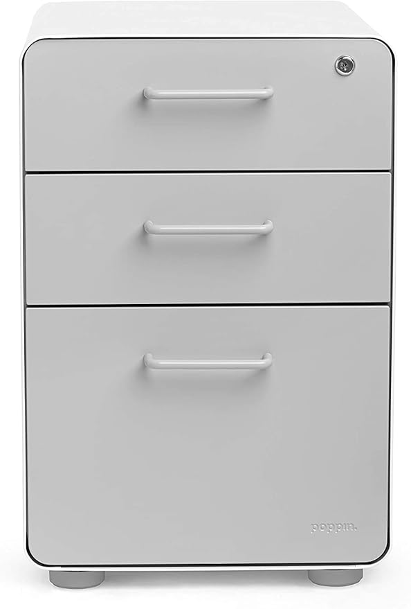 Poppin Stow 3-Drawer Rolling File Cabinet - White and Light Gray. Utility and Hanging File Drawers. Locking and Non-Locking Wheels. Powder-Coated Steel. Two Keys Included