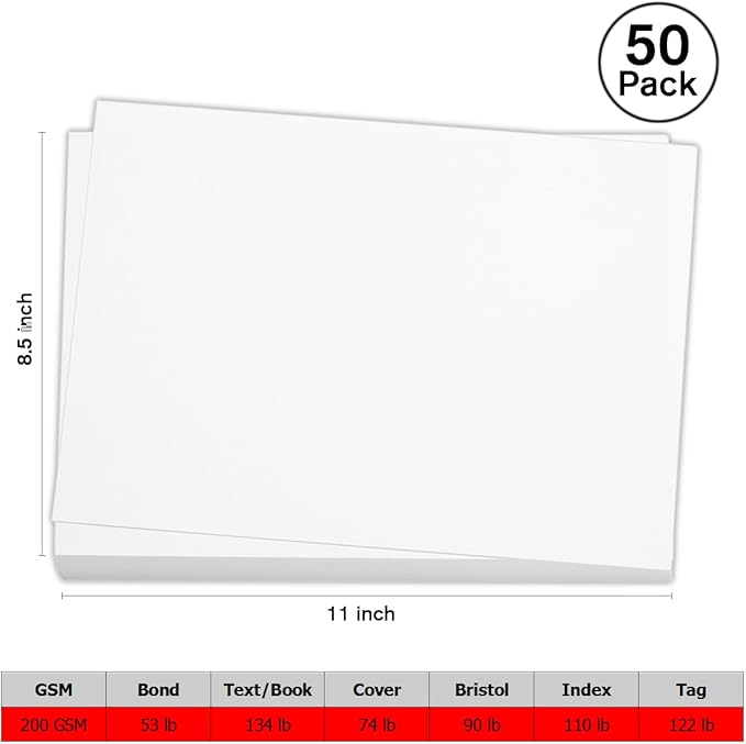 50 Sheets 8.5" x 11" White Cardstock, Heavyweight Cardstock Sheets Blank Invitation Paper Greeting Cards Printable, 75lb Cover 200 GSM