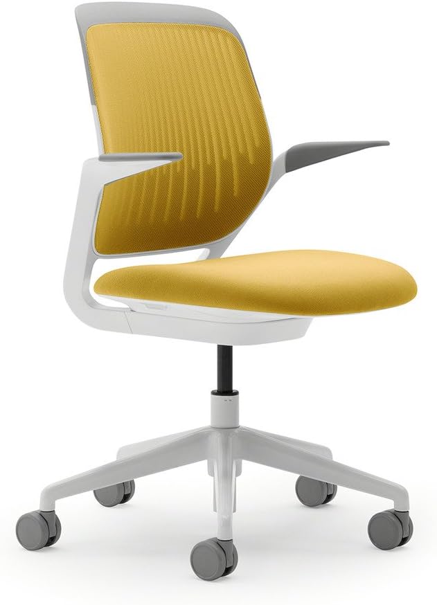 Steelcase Cobi Office Chair: Arms with Soft Arm Caps, White Frame, and Tumeric Fabric with Standard Carpet Casters
