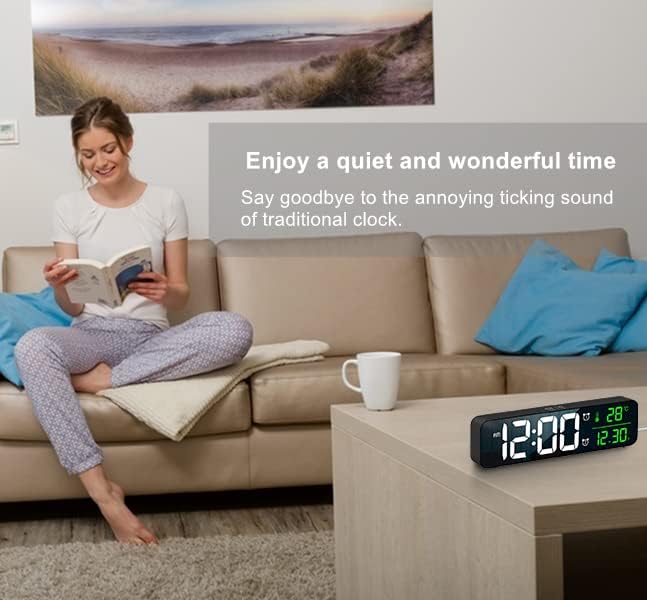 Digital Clock Large Display, Alarm Clock for Living Room Office Bedroom Decor, LED Corded Electric, Date Temp Display Wall Clock, Automatic Brightness Dimmer Smart Cool Modern Desk Accessories Black