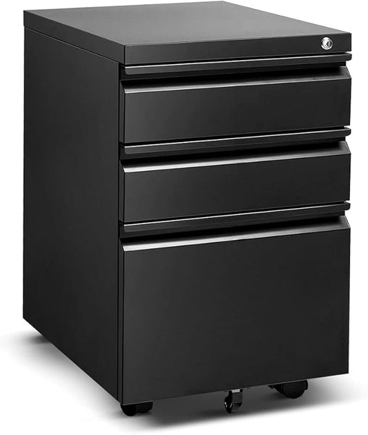 INVIE 3 Drawer File Cabinet with Lock, Metal Vertical Filing Cabinet Under Desk for Legal Letter File Anti-tilt Design Office Mobile Cabinet(Black A