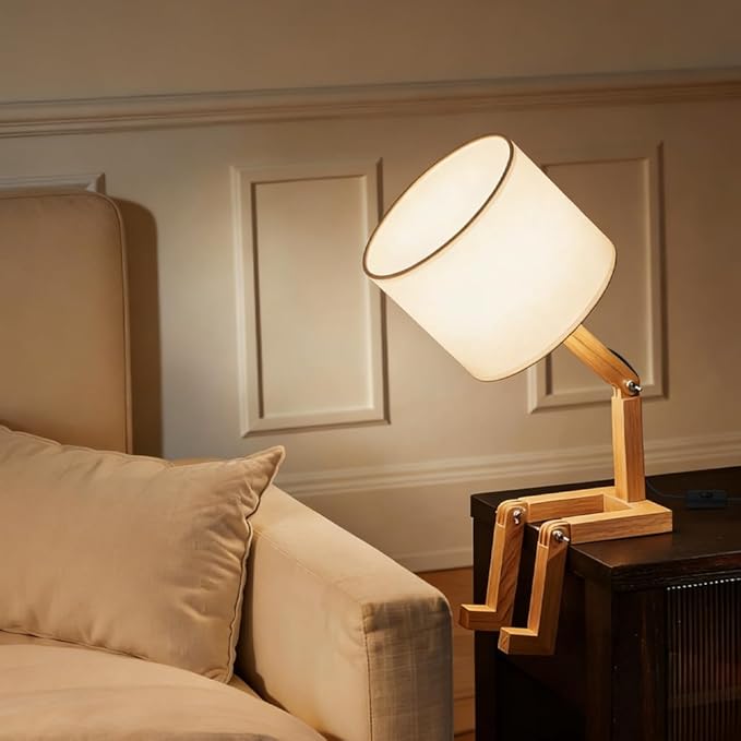 ELINKUME Robot Bedside Lamp, Fabric Lampshade Match Foldable Solid Wood Body, Creative E27 Screw Table Lamp for Bedroom Living Room