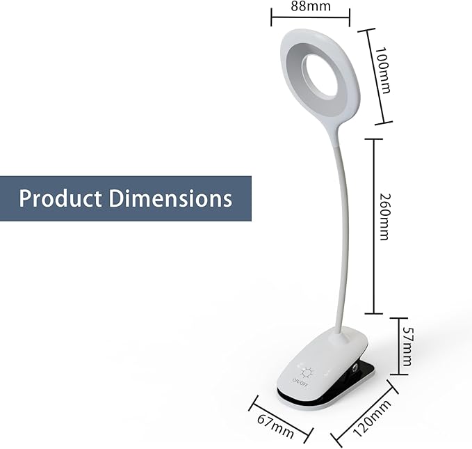Clip On Reading Light for Bed Headboard, USB Rechargeable Clip Lamp for Dorm Room Essentials, Touch Dim, 3 Colors, Eye Protect Desk Lamp for College Dorm Room, White