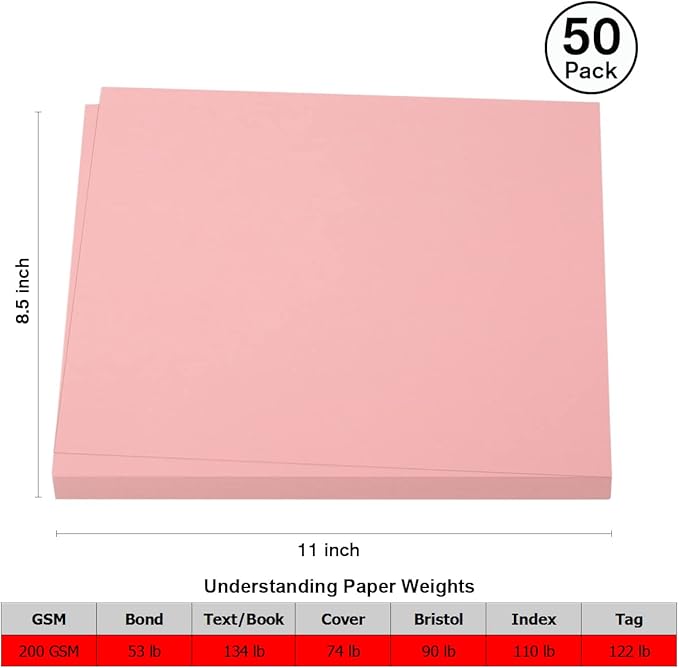 50 Sheets 8.5" x 11" Pink Cardstock, Heavyweight Cardstock Sheets Blank Invitation Paper Greeting Cards Printable, 75lb Cover 200 GSM
