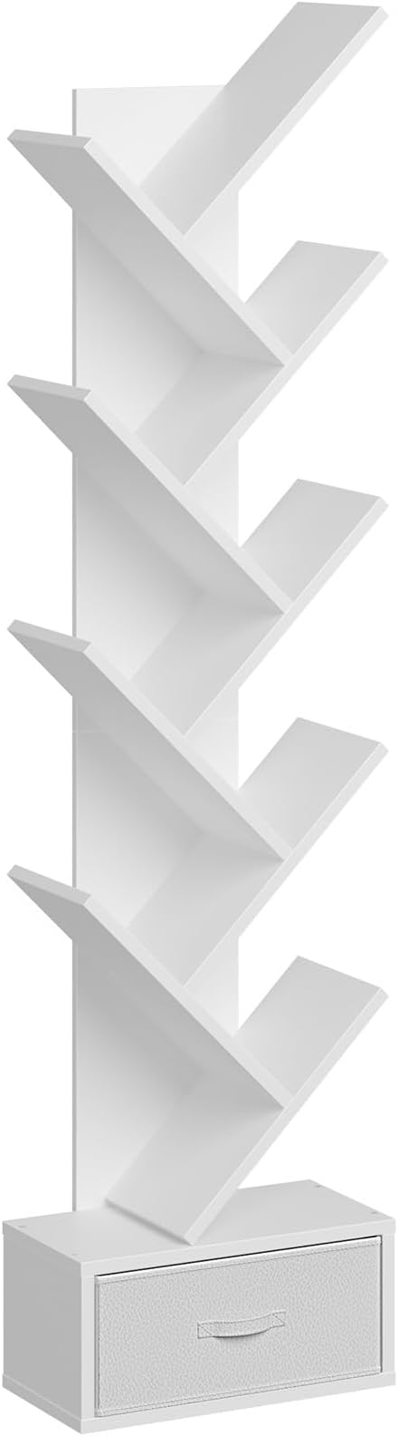 Rolanstar Tree Bookshelf with Drawer, 9 Shelf Bookshelf, Wooden Bookcase Storage Rack for CDs/Movies/Books, Corner Bookshelves, Utility Organizer Shelves for Living Room, Bedroom, White