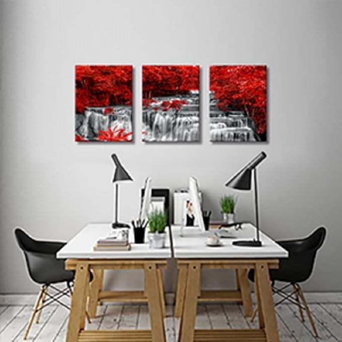 Yxbhhym Black White and Red Waterfall Canvas Wall Art Trees Forest Painting Landscape Artwork for Wall Picture Waterfall Prints for Bedroom Living Room Decor Bathroom Wall Art-Framed