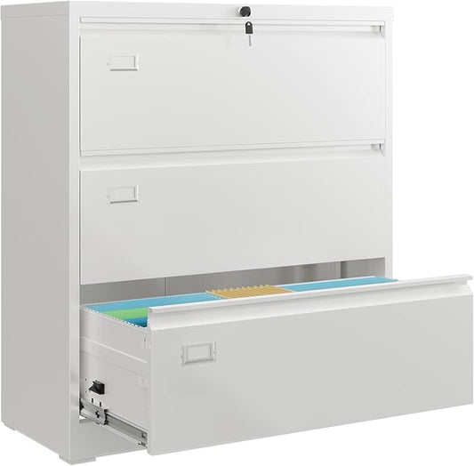 DEVAISE Metal Lateral File Cabinet with Lock, 3 Drawer Filing Cabinet with Business Card Holder, Suitable for Home Office School Hanging Files Letter/Legal/F4/A4 Size, White