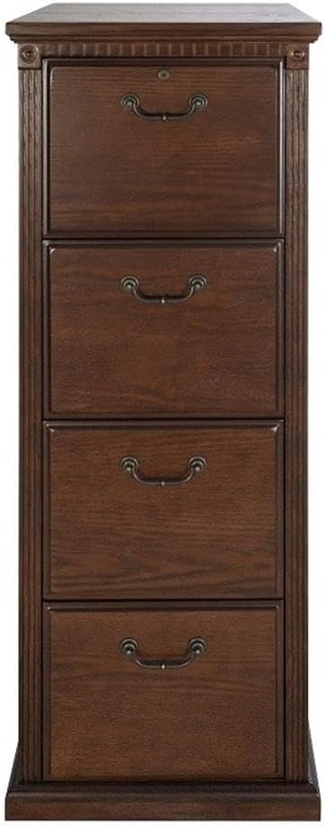Pemberly Row Traditional 4-Drawer Wood Filing Cabinet Office Storage in Brown, Solid Wood, Sturdy and Durable, Office or Home Use, Secure Document Organization, Classic Design