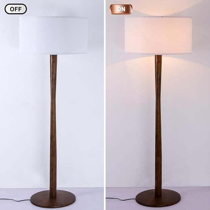 62" Tall Rustic Wood Floor Lamp for Living Room, Farmhouse Walnut Wood Floor Lamps with Linen Shade for Reading, UL Listed Stand Lamps with Woods Base for Bedroom, Corner, Office, White Shade