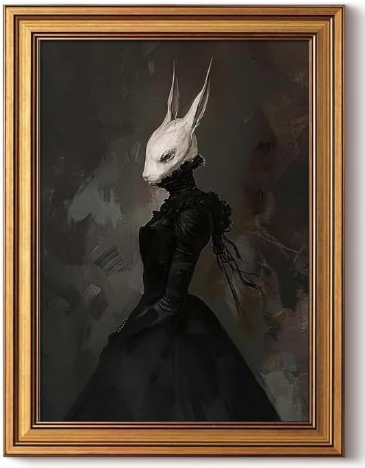 Gold Framed Wall Art Vintage Canvas Wall Art Rabbit Lady Aesthetic Dark Academia Easter Bunny Artwork Prints Picture for Living Room Bedroom Farmhouse Bathroom Office Decor, 8x10