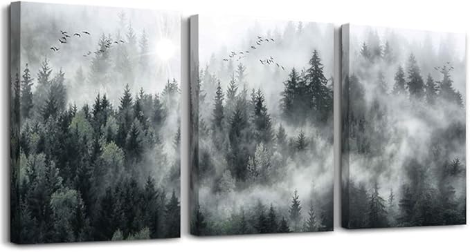 MHARTK66 Canvas Wall Art for Living Room - Modern Decorations for Bedroom, Foggy Forest Trees Landscape Painting - Office Decor Ready to Hang, Framed Pictures, 12x16 3 Panels