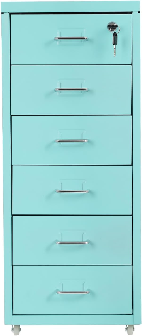 6 Drawer File Cabinet with Lock Vertical Filing Storage Cabinet Home Office Metal Vertical File Cabinets for Letter Legal A4 File Size, Assembly Required (Blue, 6 Drawer)