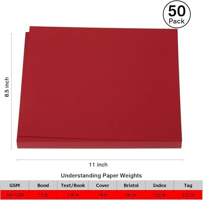 50 Sheets 8.5" x 11" Red Cardstock, Heavyweight Cardstock Sheets Blank Invitation Paper Greeting Cards Printable, 75lb Cover 200 GSM