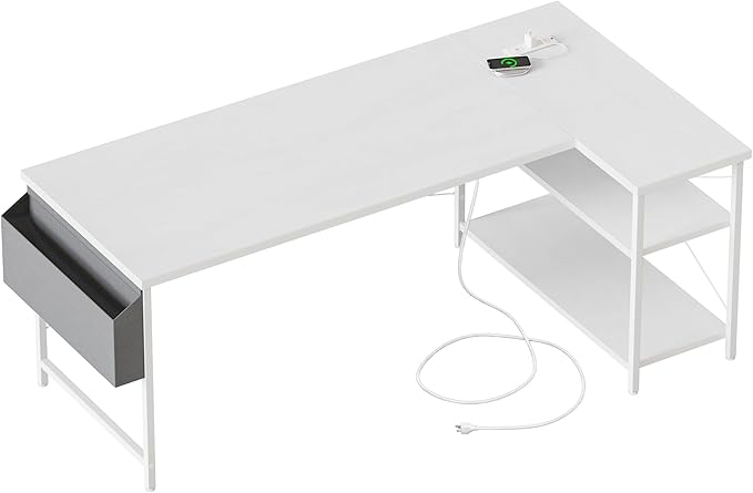 Mericonia Small L Shaped Computer Desk with Power Outlets, Reversible Gaming Desk with Storage Shelves, Corner Gamer Desk Table, Study Writing Table