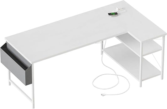 Mericonia Small L Shaped Computer Desk with Power Outlets, Reversible Gaming Desk with Storage Shelves, Corner Gamer Desk Table, Study Writing Table