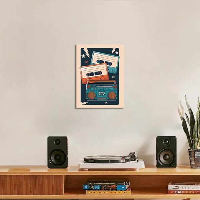 Retro Music Wall Art - Mid Century Cassette Player Canvas Print Aesthetic Room Wall Decor Retro Music Posters Picture Artwork for Living Room Home Office Bedroom Studio Decoration, Framed (12"x16")