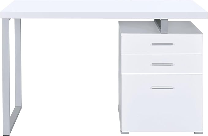 Coaster Home Furnishings Brennan Modern Contemporary Home Office 3-Drawer Writing Desk with Drawers Computer Desk Study Table File Cabinet Storage Silver Metal Frame White 800325
