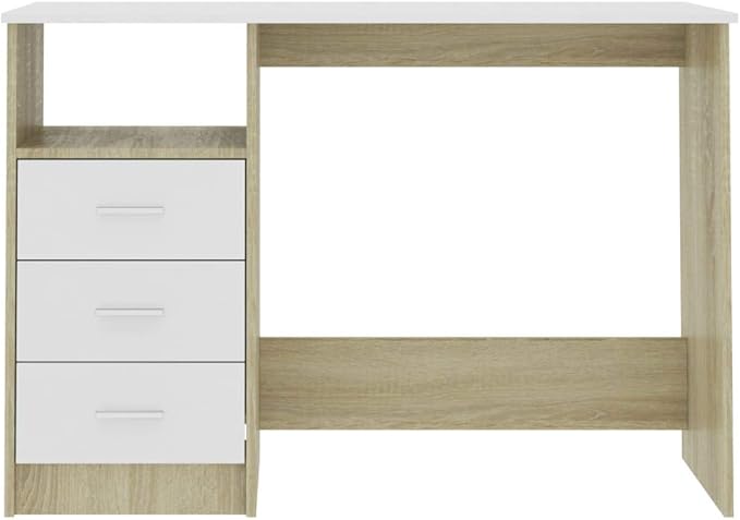 Modern Writing Computer Desk with 3 Drawers, Home Office Desk Writing Study Table PC Desk Workstation for Bedroom, White and Sonoma Oak 43.3"x19.7"x29.9" Engineered Wood(I)