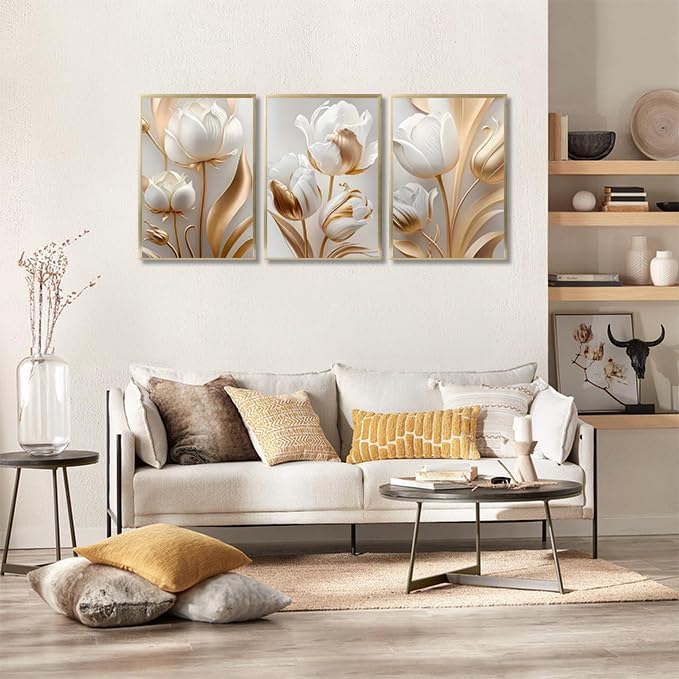 3Pcs Vintage Minimalist Floral Wall Art White Gold Abstract flowers Wall Decor Pictures Modern Luxury Poster Prints tulip Plants Painting Artwork for Office Home Decoration 16x24in