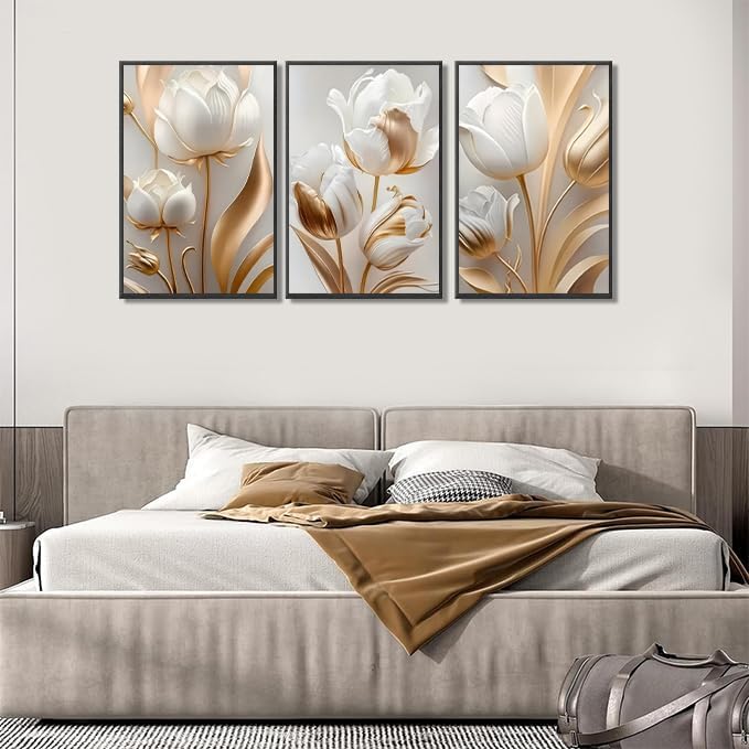 3Pcs Vintage Minimalist Floral Wall Art White Gold Abstract flowers Wall Decor Pictures Modern Luxury Poster Prints tulip Plants Painting Artwork for Office Home Decoration 16x24in
