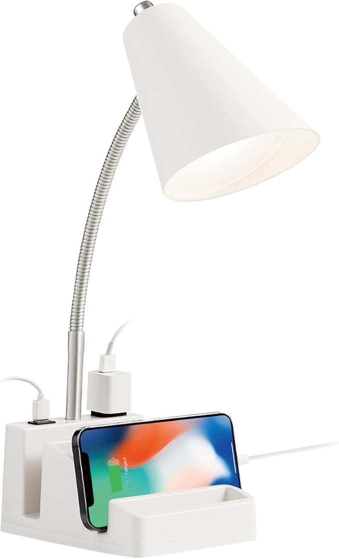 LED Desk Lamp with 1 USB Charging Port and 1 AC Outlet, Organizer Base, Adjustable Neck, On/Off Switch, Modern Table Lamp for Reading, Working, Studying, Gentle Warm White Light, Eye Protect