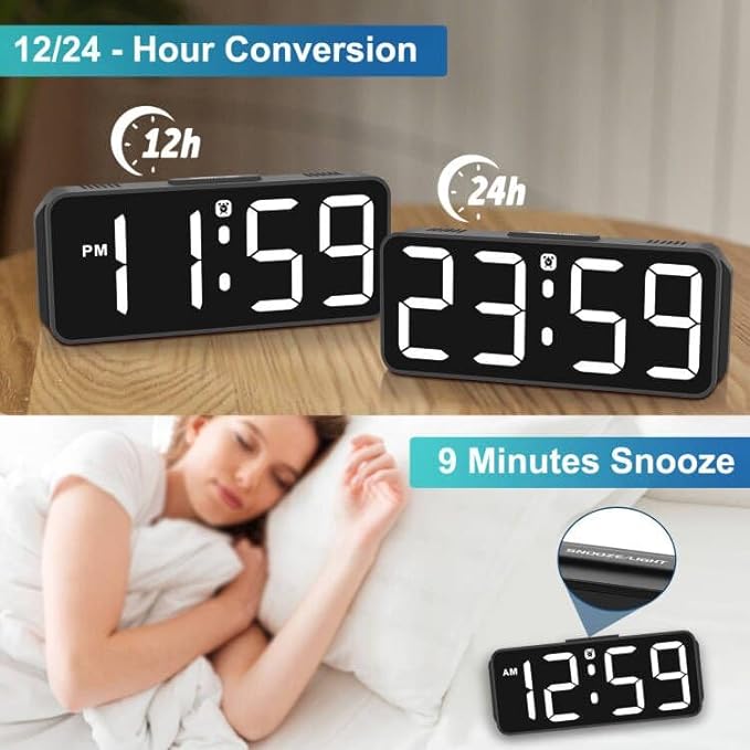 Peakeep Small Digital Alarm Clock Plug in for Bedrooms Bedside, Tiny Electric Clock Large Big Numbers Display Battery Backup for Desk Table, 6 Dimmers, 5 Adjustable Alarm Volume (White)