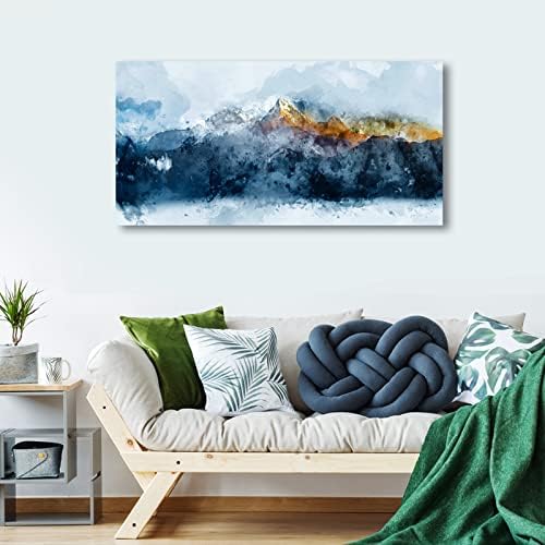 arteWOODS Mountain Canvas Wall Art Indigo Abstract Mountain Painting Prints Blue Clouds Orange Mountain Peaks Pictures Artwork for Living Room Bedroom Gallery Wall Decor Ready to Hang 24" X 48"