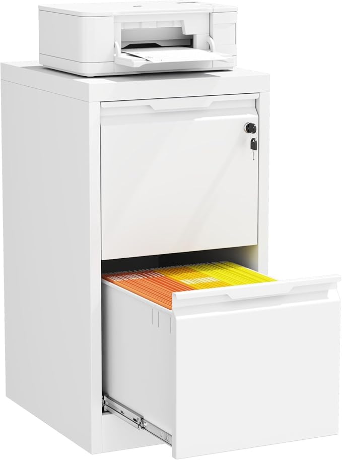 2 Drawer File Cabinet with Lock, Heavy Duty Steel Under Desk Vertical Filing Cabinet for Home Office Use, Printer Stand with Drawers, for A4/Letter-Size Files, Easy to Assemble,White