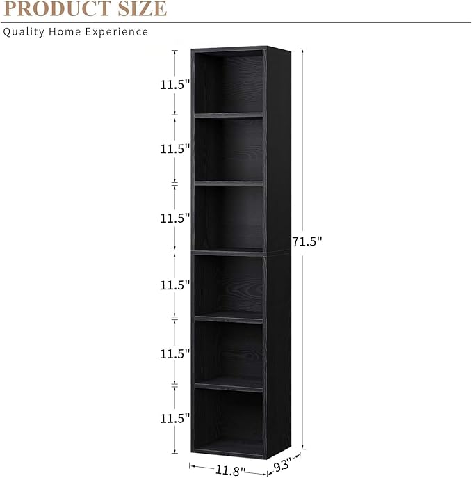 Narrow Bookshelf & Bookcase Set of 2, 6-Tier Floor Standing Open Book Shelf, Modern Corner Bookshelf with Storage Space, 71.5" Tall Bookshelves for Bedroom, Living Room and Office, Black