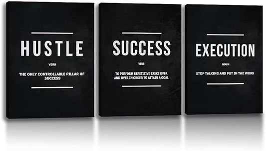 Unbruvo Hustle Success Execution Wall Art for Office, Inspirational Motivational Wall Decor, 3 Pieces Positive Quotes Canvas Wall Art for Entrepreneur Living Room Bedroom(36''Wx 16''H)