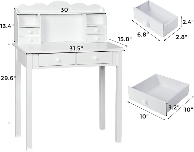 ADORNEVE Small White Writing Desk with Hutch and USB Ports, 31.5 inch Home Office Desk with Drawers, Study Table for Kids/Student, Makeup Dressing Table Save Space Gifts