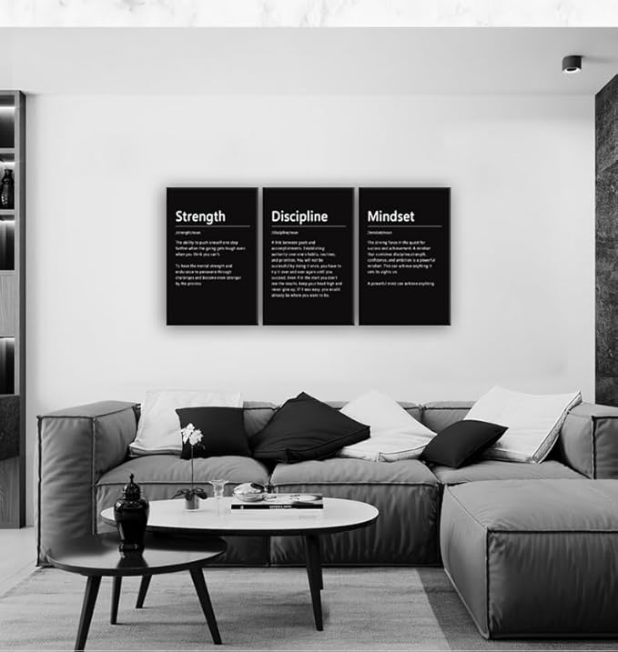 Inspirational Poster Strength Discipline Mindset Noun Motivational Wall Art 3 Pieces Canvas Prints Artwork for Living Room Modern Home Decor Painting Pictures Framed Ready to Hang[48''Wx 24''H]