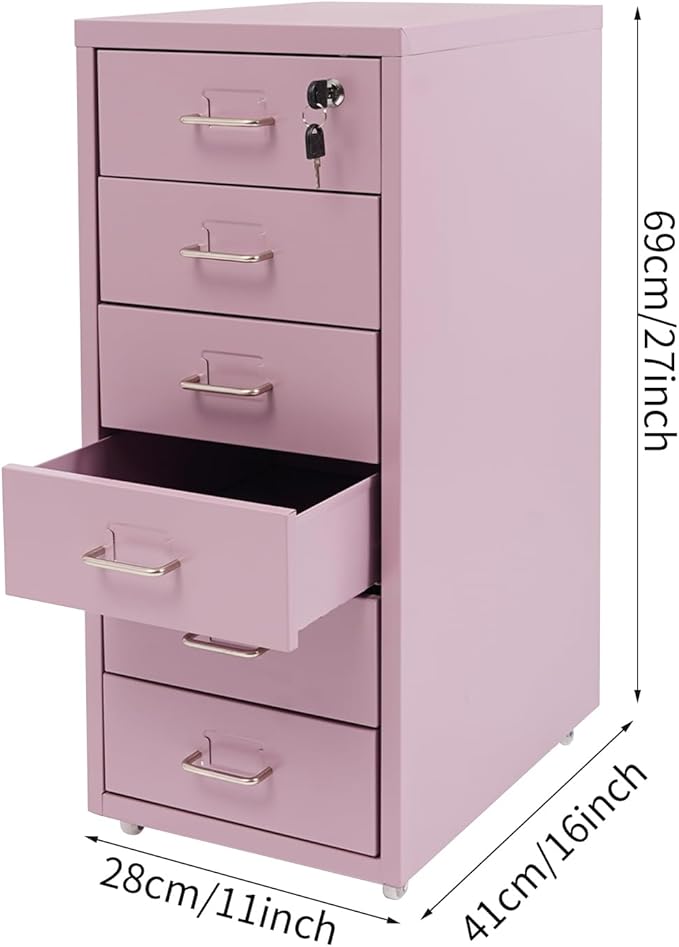 6 Tiers Metal File Cabinet with 6 Drawers Vertical Filing Cabinet with Lock & Wheels Freestanding Locking Storage Cabinet for Home Office, 11 * 16 * 27in (Purple)