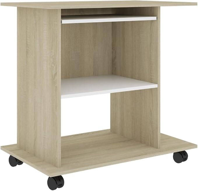 Modern Computer Desk with 4 Castors, Home Office Desk Writing Study Table PC Desk Workstation for Bedroom, White and Sonoma Oak 31.5"x19.7"x29.5" Engineered Wood(K)